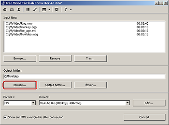 Free Video to Flash Converter: click Browse to select output location